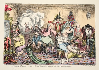 Fatsoeneren, d.w.z. Broad Bottomites die in het grote kostuum komen, uitgegeven 1806 door James Gillray